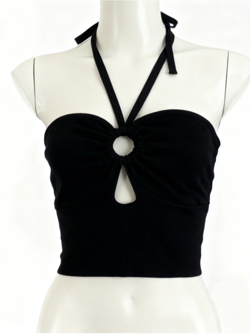 Almost Famous Black Halter Ring-Detail Crop Top